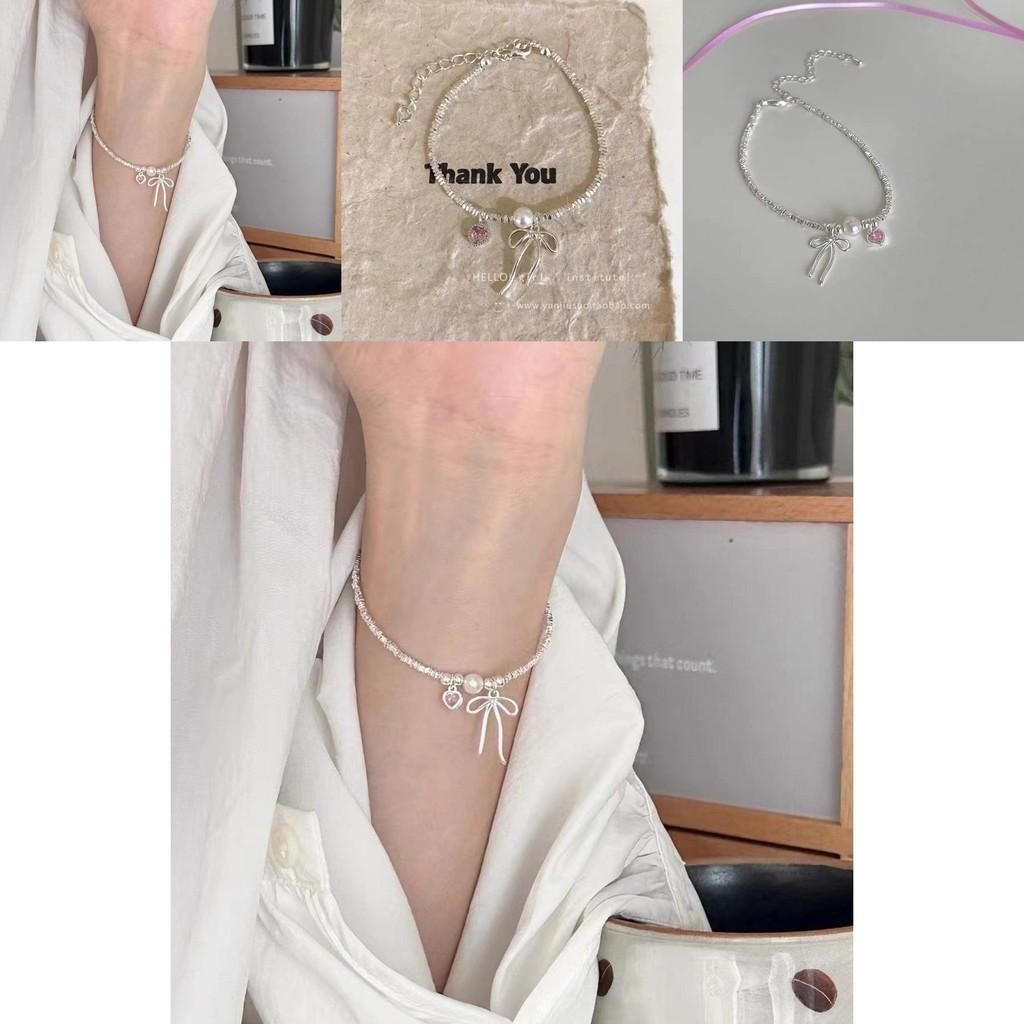 Chic Silver Bow Bracelet With Pink Heart Pendant Fresh And Graceful Summer Womens Jewelry