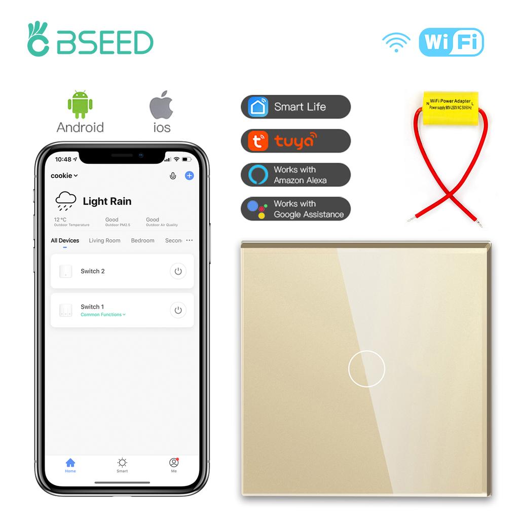 BSEED Single Live Wifi Touch Switch 1/2/3Gang Smart Glass Wall Switches Support Smart Life Google Alexa App Control No Neutral