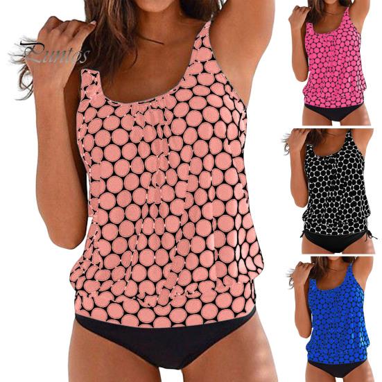 2Pcs/Set Women Tankini Set U-Neck Sleeveless Dot Print Tops Side Drawstring Swimming Briefs Set Quick Drying Swimsuit