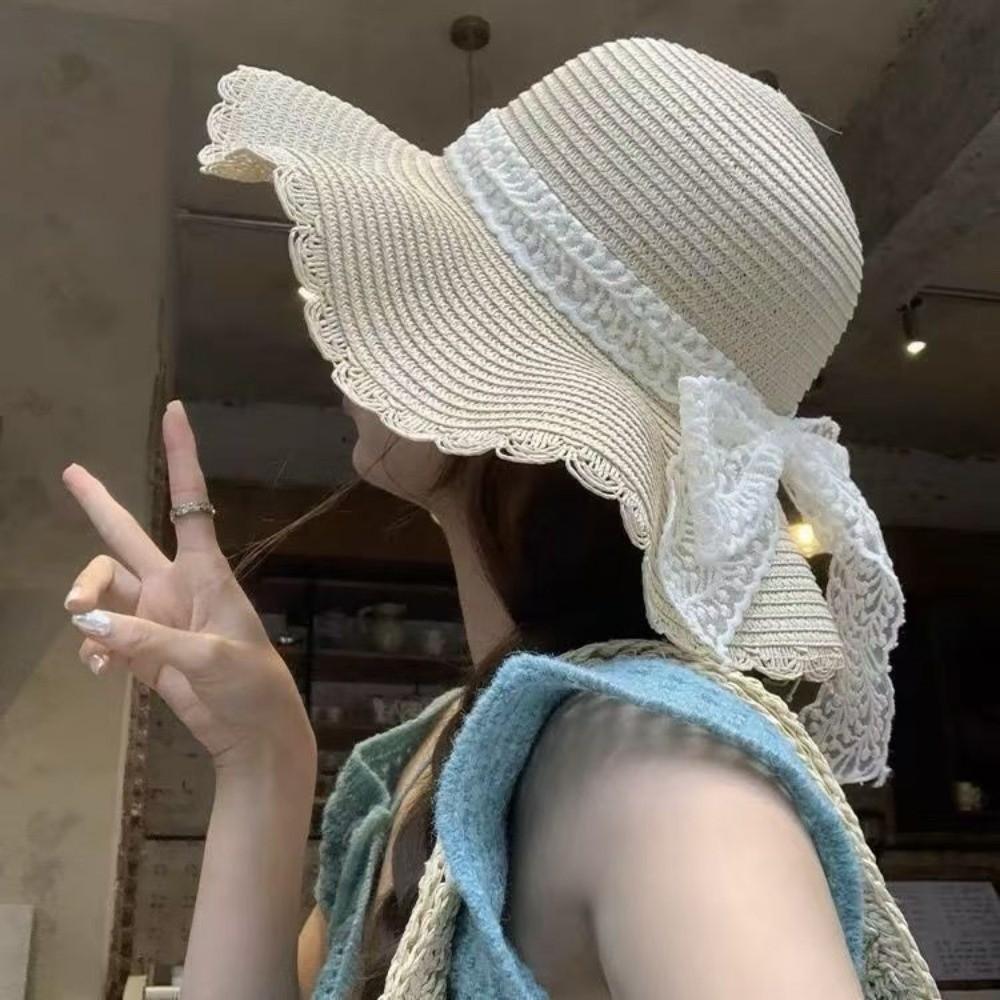 New Lace Ruffle Summer Straw Hat Solid Color Bowknot Sun Protection Hat Wide Brim Woven Straw Fisherman Cap Beach