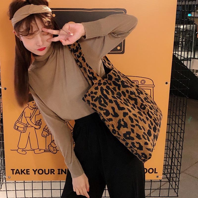 1 Autumn and winter leopard print corduroy shoulder canvas bag shopping bag women's bag