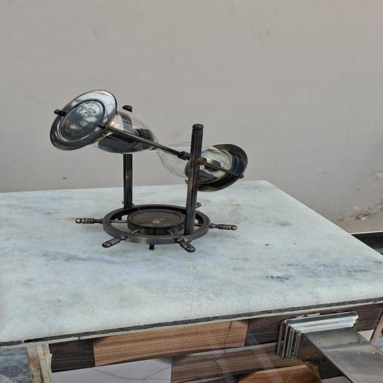 Brass Hourglass Sand Timer Hanging Nautical Timer with Compass Wheel Base