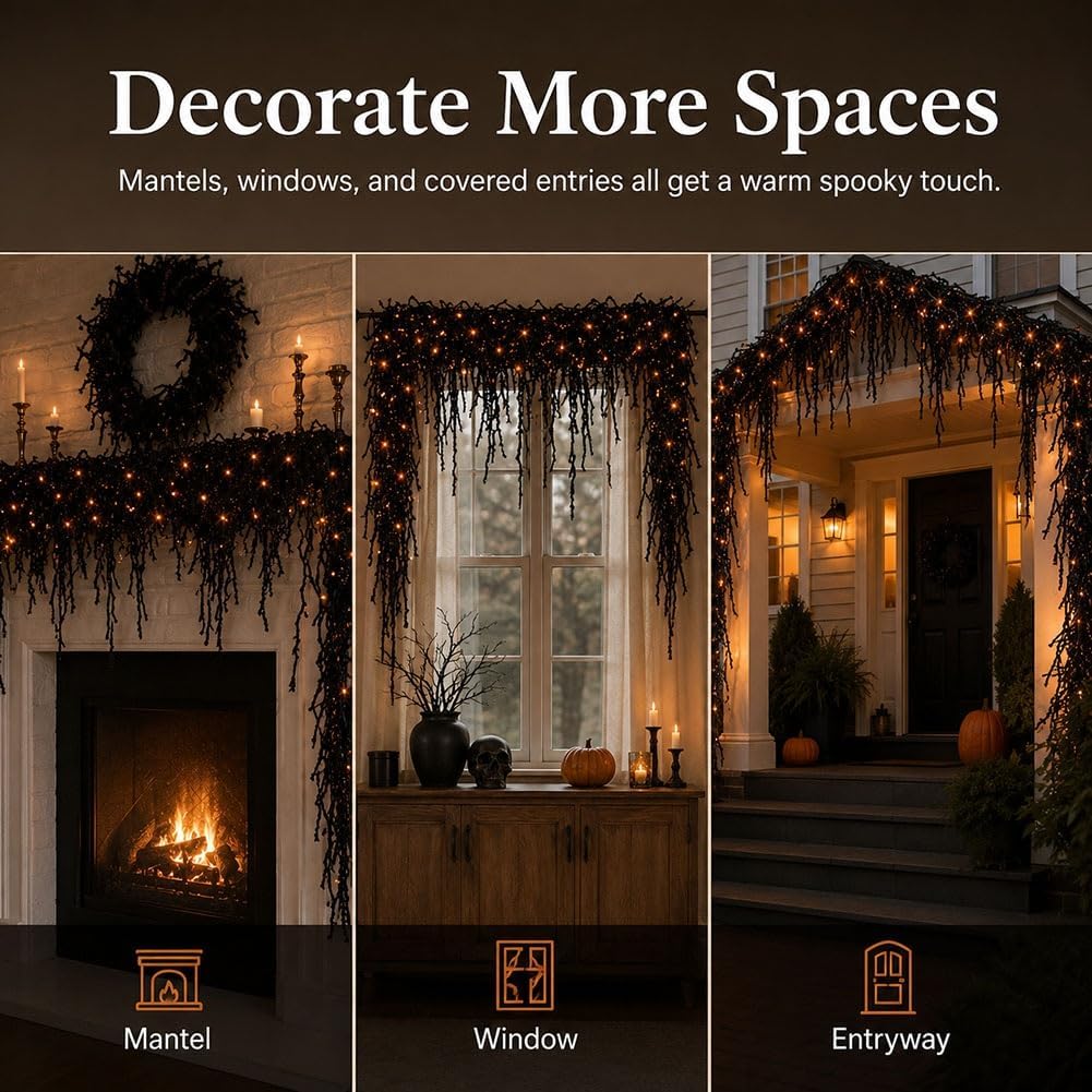Halloween Fireplace Decor Set with LED Lights Black Vine Garland for Mantel, Table, Stair, Home, Window & Spooky Party Decor, Gift Decor for Home