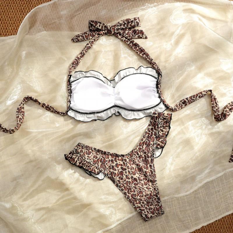 Bikini Three-piece Leopard Print Beach Wrap Skirt Sunblock Sexy Backless Swimsuit Bra