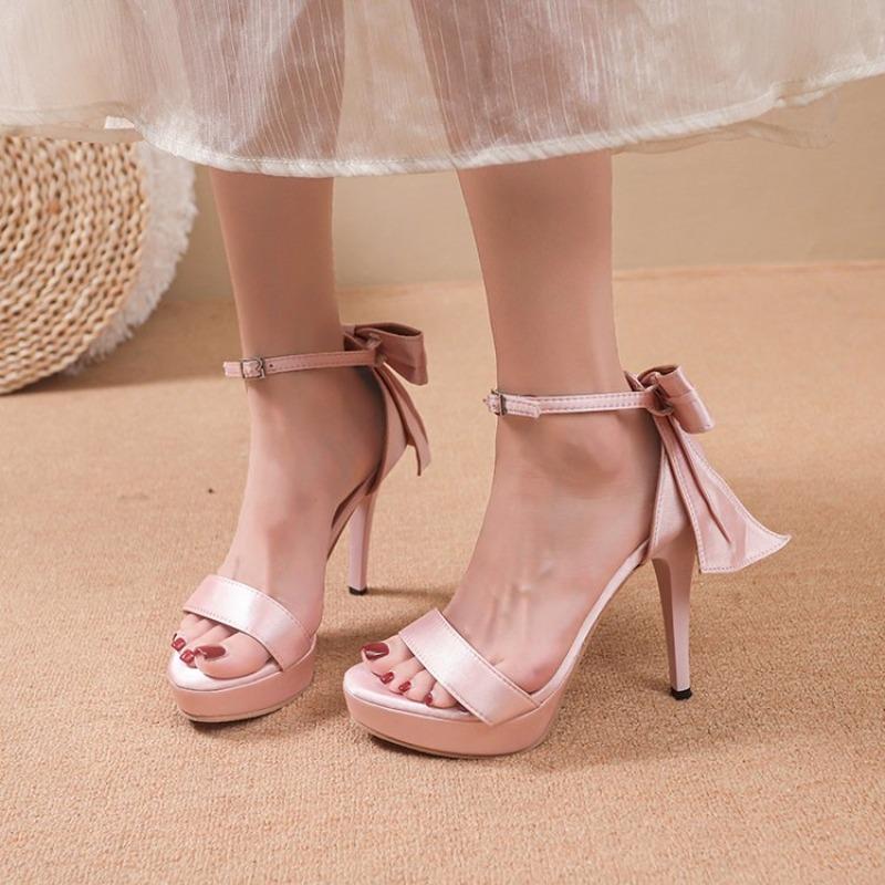 2026 New Bow European Station Sexy Black Super High Heels Side Empty Fish Mouth Sandals Thin Heels Fashion Shoes