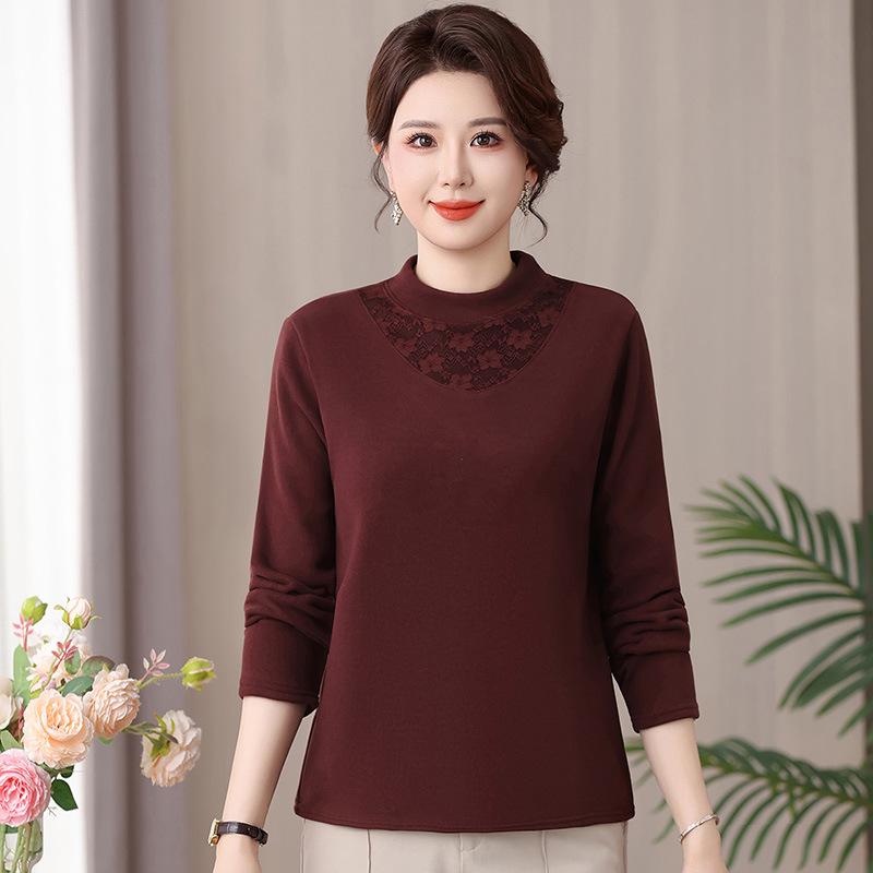 Mom's Autumn/Winter Warm Velvet Top for Middle-Aged & Elderly Women - Fashionable Thick Half-High Collar Base Layer