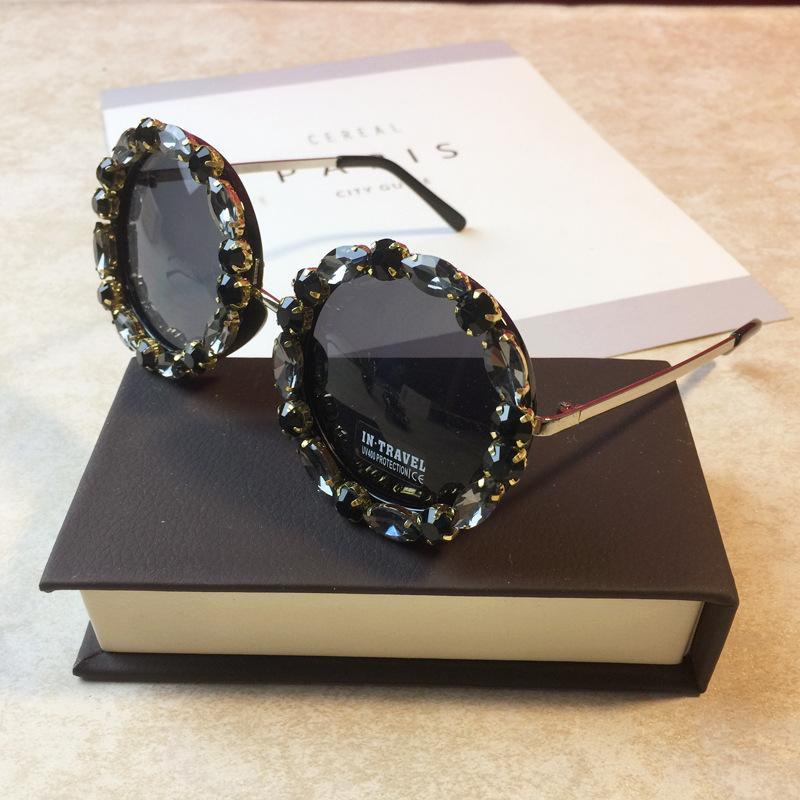 Diamond Crystal Round Sunglasses Women Luxury Designer Big Frames Vintage UV400 Eyewear