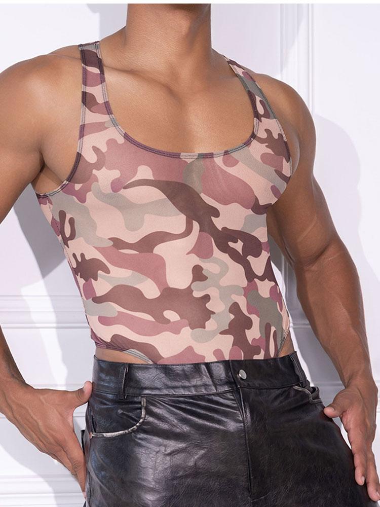 Camouflage Men'S Bodysuit Tops Open Crotch Sexy Thin Sheer Leotard Man Shaping Wear Sleeveless Breathable Vest Tops Male T-Shirt