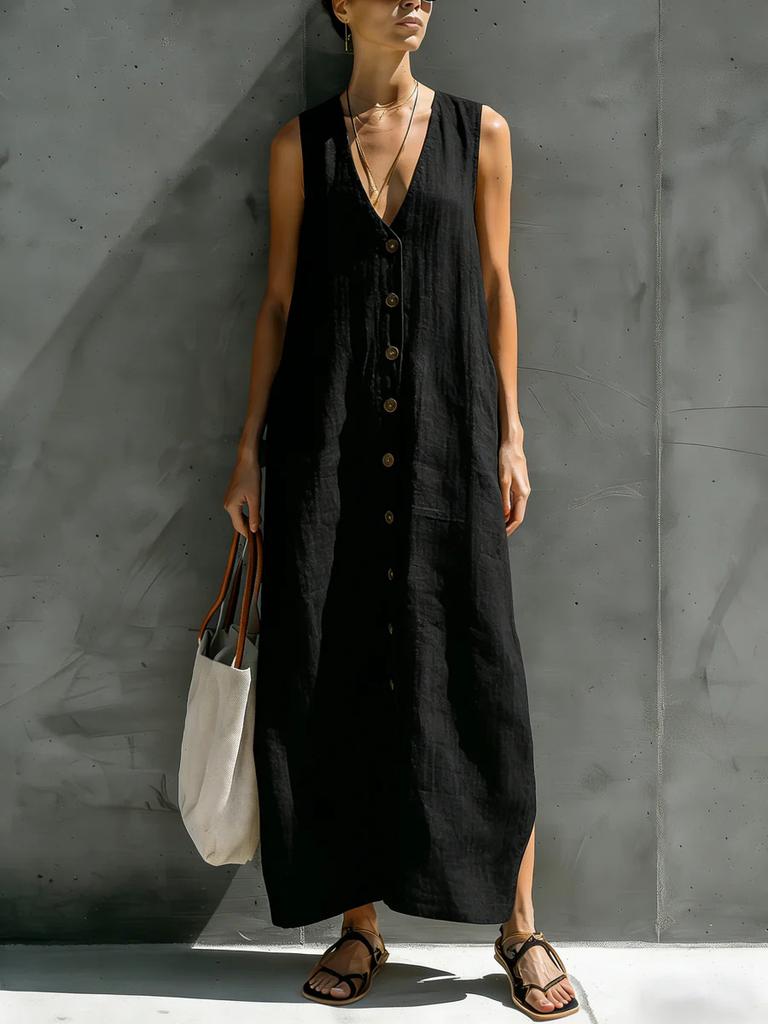2026 European and American women's clothing summer loose cotton and linen V-neck button sleeveless long dress