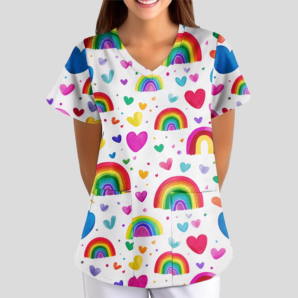 Women's Floral Print Loose V-neck Short-sleeved Uniform/ Uniform