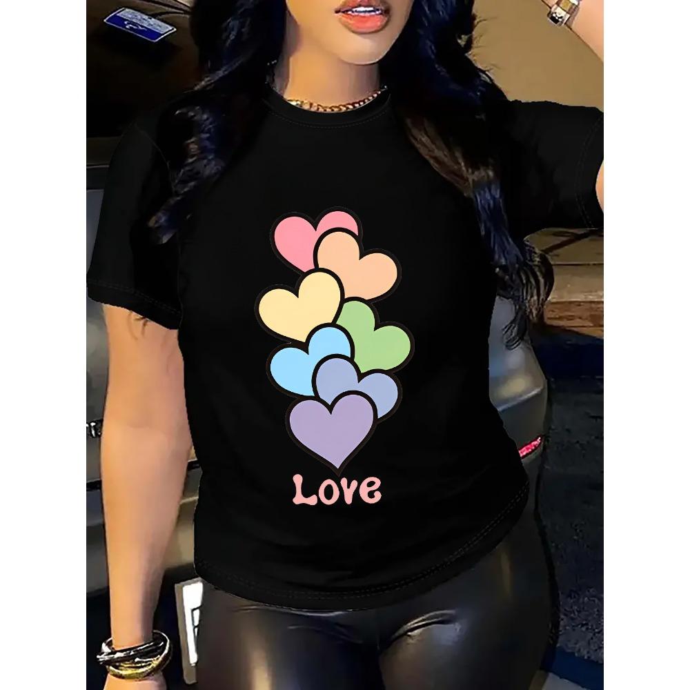 Women's Casual Sporty Short-Sleeve T-Shirt with Colorful Heart Print Love Text Round Neck Fit for Summer TShirts
