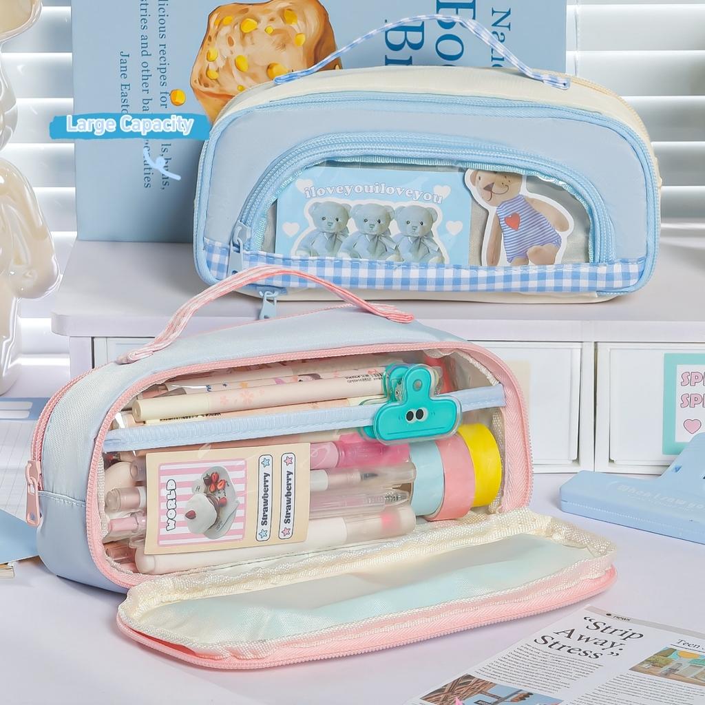 Cute Checkered Window Pencil Case with Handle Multilayer Large Capacity Storage Pouch Contrast Color Design Multi-Function A3224