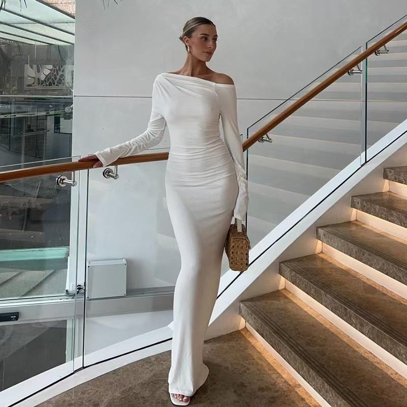 Sexy Young Woman Dress With Spliced Milk Silk Fabric And Pleated Long Sleeves For Casual Autumn Wear