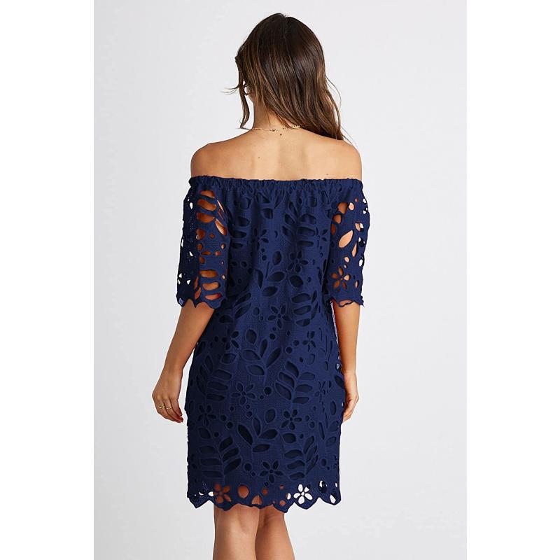 Mini Abito Estivo da Donna Scollo Bardot con Pizzo Floreale a Occhiolino Scollato Manica Corta Casual per Spiaggia Vacanza Festa