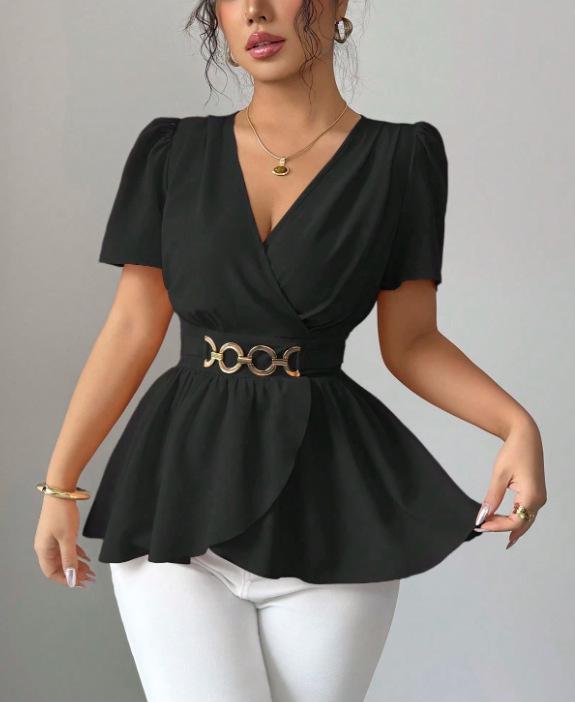 

2025 Women s Elegant V-neck Short Sleeve Top with Metal Waist Chain Decoration XL чорний