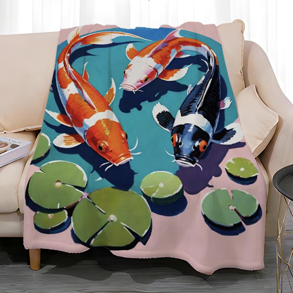 Abstract Art Japanese Vintage Koi Throw Soft Coral Fleece Blanket 310gsm Fluffy Warm Throw for Sofa Bed Couch Bedroom Decor