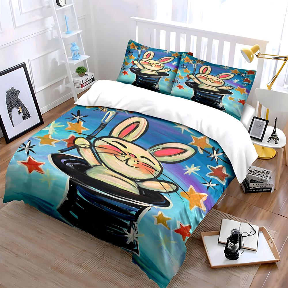 Rabbit, hat, stars pattern. Bedding sets Duvet cover sets Duvet covers Pillowcases(1 * Duvet Cover 2 * Pillowcases without duvet insert)