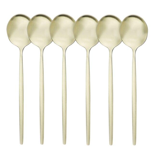 6Pcs Black Gold Cutlery Set Stainless Steel Dinnerware Spoon Set Dessert Spoon Dinner Tableware Set Party Kitchen Silverware Set