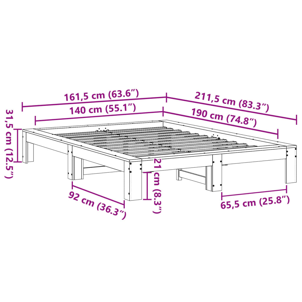 Vidaxl Bed Frame Without Mattress, White, 140X190 Cm, Solid Pine Wood