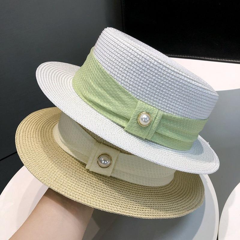 Sunscreen Hat Women's French Flat-top Pearl Top Hat Summer British Celebrity Style Casual Versatile Sun Straw Hat