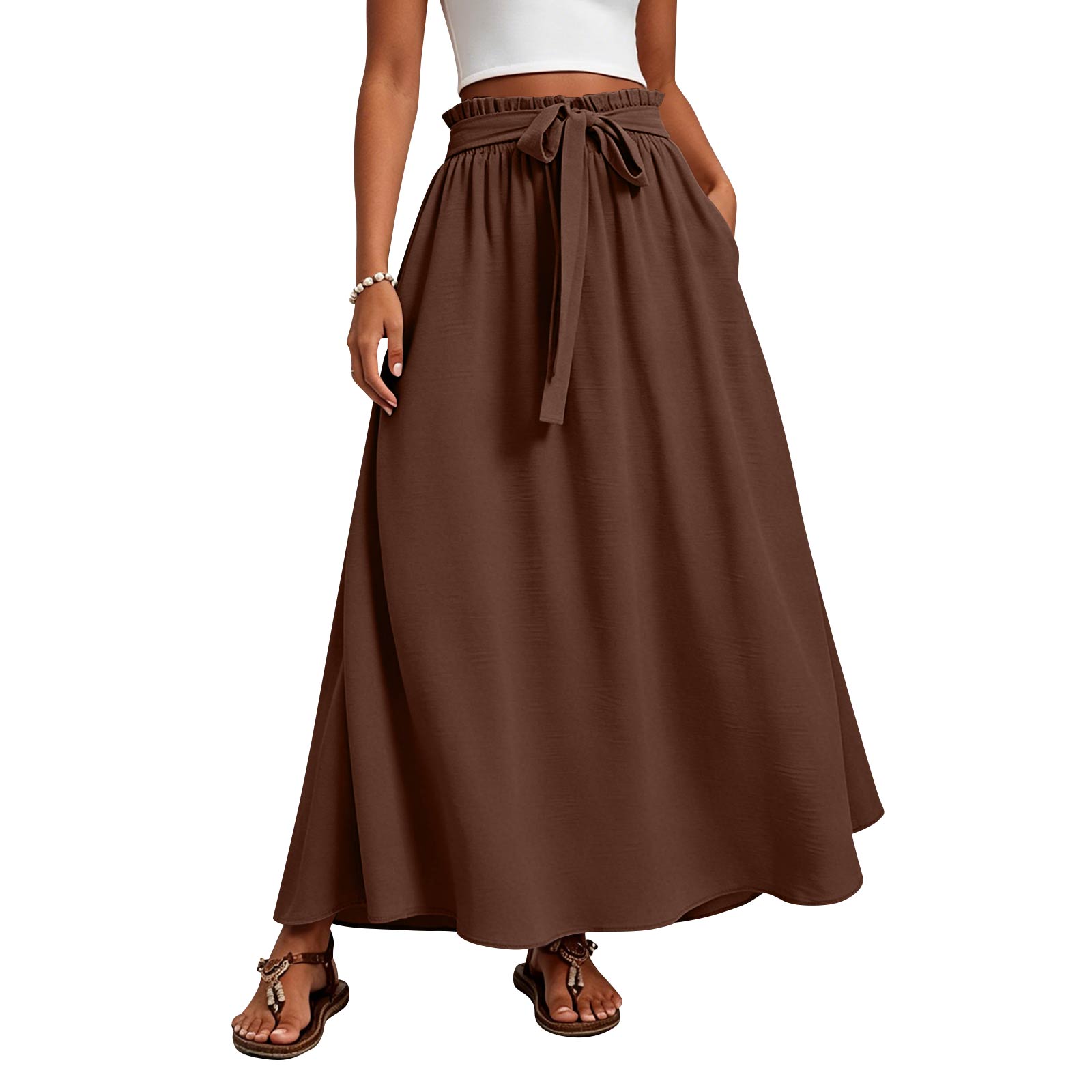 

High Waist A-Line Maxi Skirt with Tie Waistband Elastic Waist Summer Long Skirt Casual Loose Fit Lightweight Fabric M кофейный