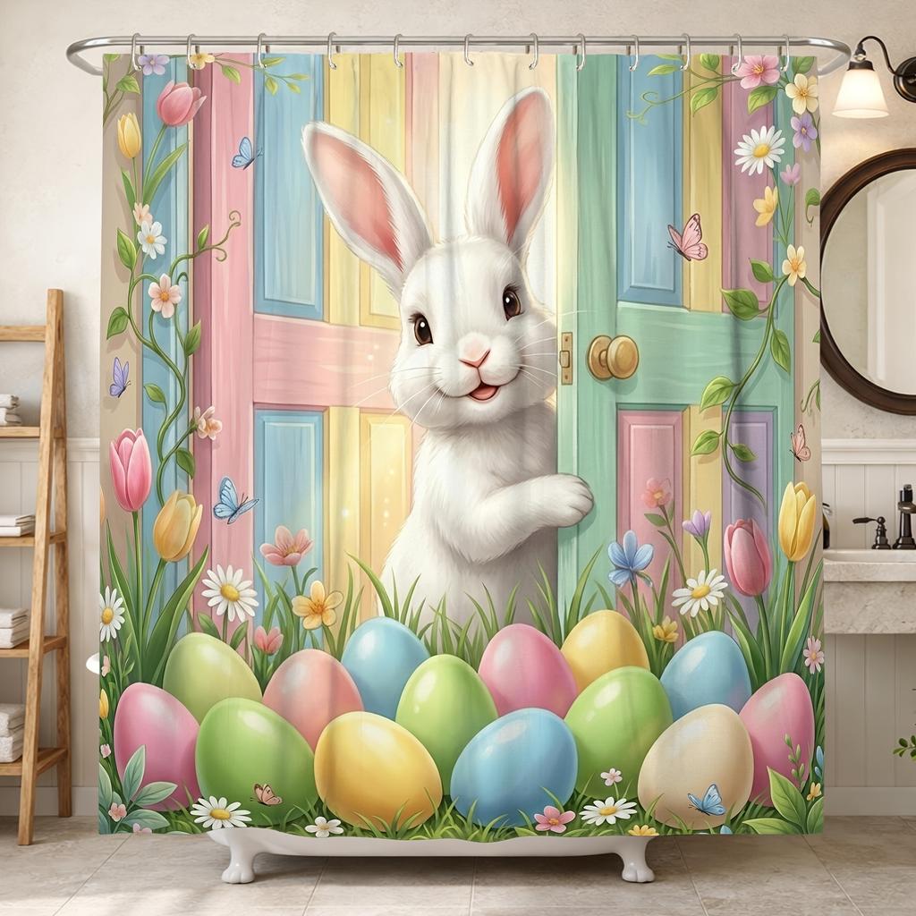 Cute Bunny With Colorful Eggs Shower Curtain Waterproof Easy To Clean Privacy Protection Print Spring Garden Design 12 Hooks