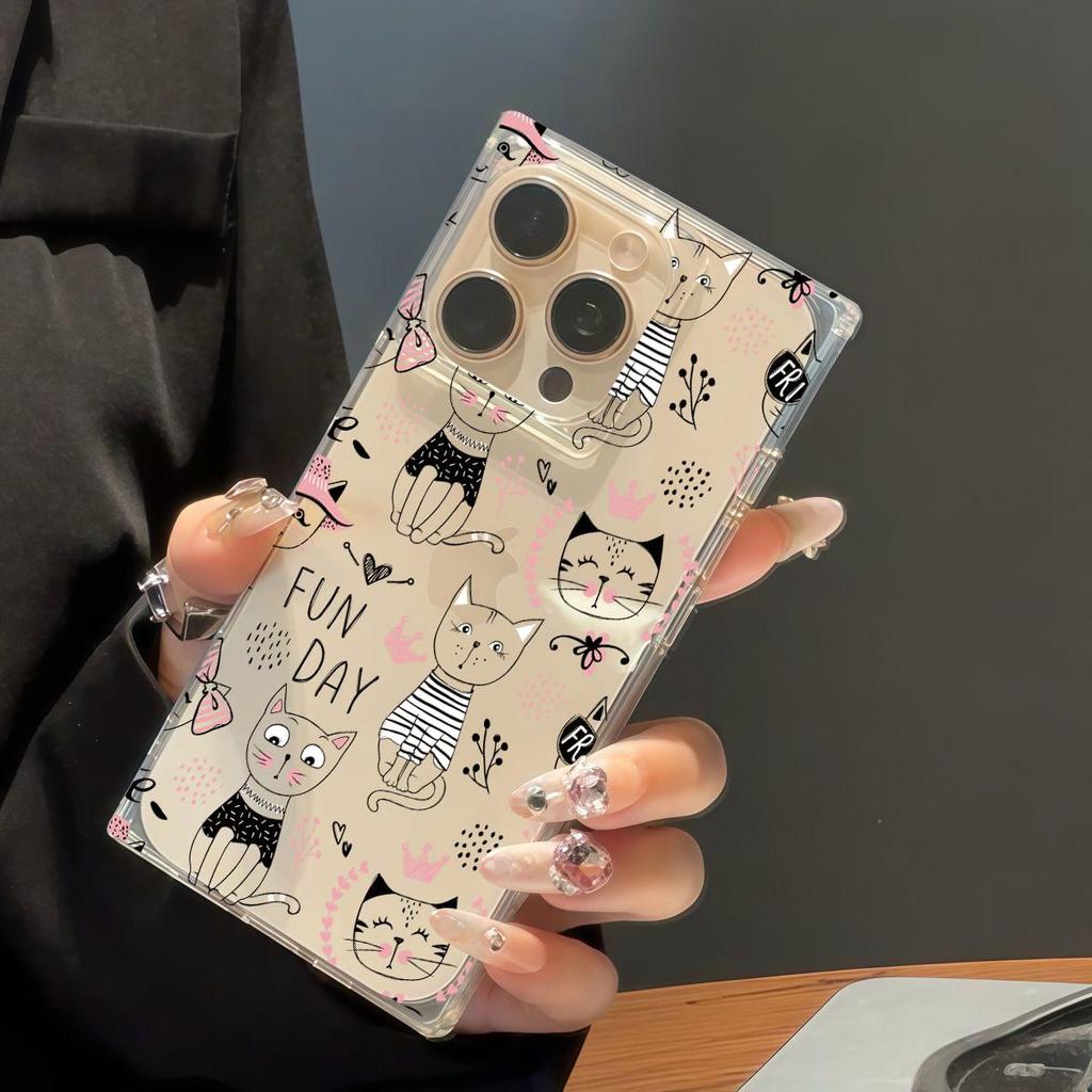 Clear Square Back Tube Case Protection For iPhone 12 13 11 16 ProMax 15 Plus 14 Pro Max Anti-Oxygen,Line Drawn Cats Pattern Casing