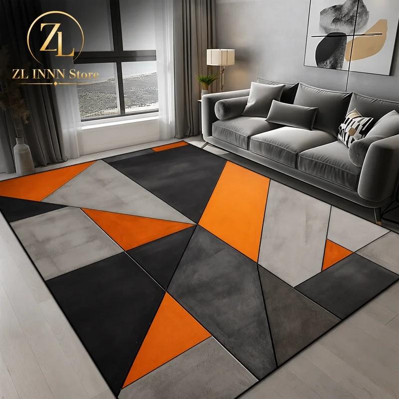 Modern Geometric Area Rug Orange Grey Triangle Block Print Soft Non Slip Carpet for Living Room Bedroom Decor