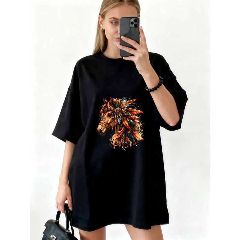 Oversized T-Shirt Black Horse Head With Feathers And Tribal Design Casual Wear For Women