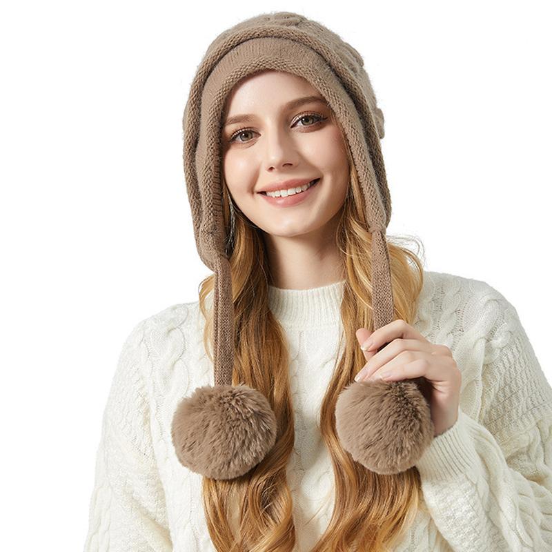Women's Winter Thick Ear Protecting Three Hair Ball Rabbit Hair Knitted Hat Outdoor Riding Warm Hat