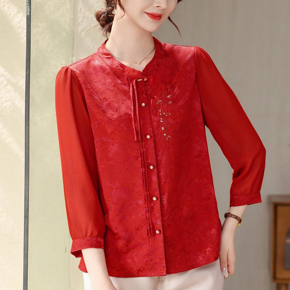 Mom's Spring Seven-Sleeve Cardigan: New 2026 Chinese National Style Round Neck Shirt for Middle-Aged & Elderly Women