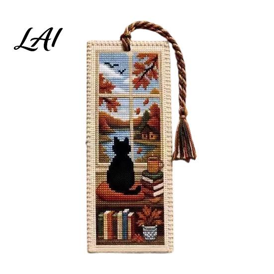Embroidered Book Page Marker Seasonal Cat Cross-Stitch Bookmark Four Seasons Black Bookmark