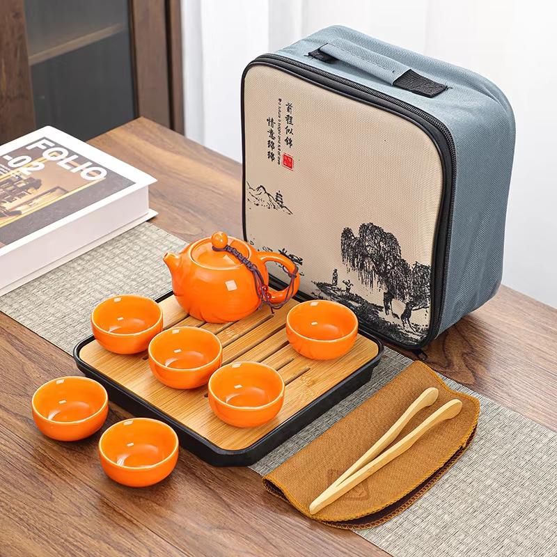 Chinese Kung Fu Travel Set, Ceramic Portable Teapot, Porcelain Teaset, Gaiwan Tea Cups, Tea Tool with Travelling Bag, 1 Cups