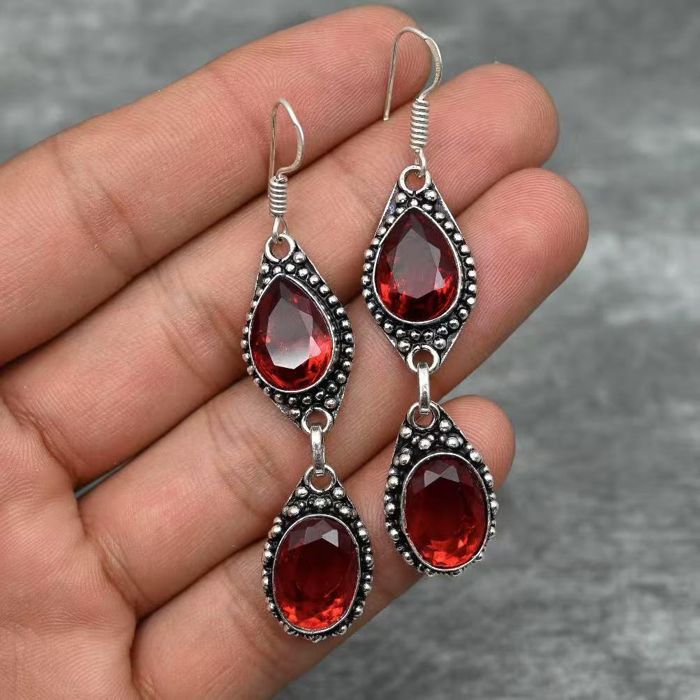 Bohemian Water Drop Ruby Earrings Pendants - Women's European & American Style Jewelry