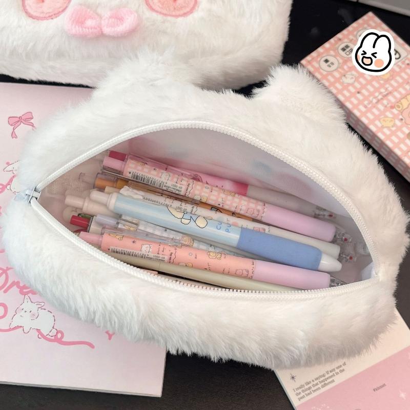Kawaii Plush Rabbit Student Stationery Bag Portable Large Capacity Pen Case Cosmetics Storage Bag For School Office Accessories