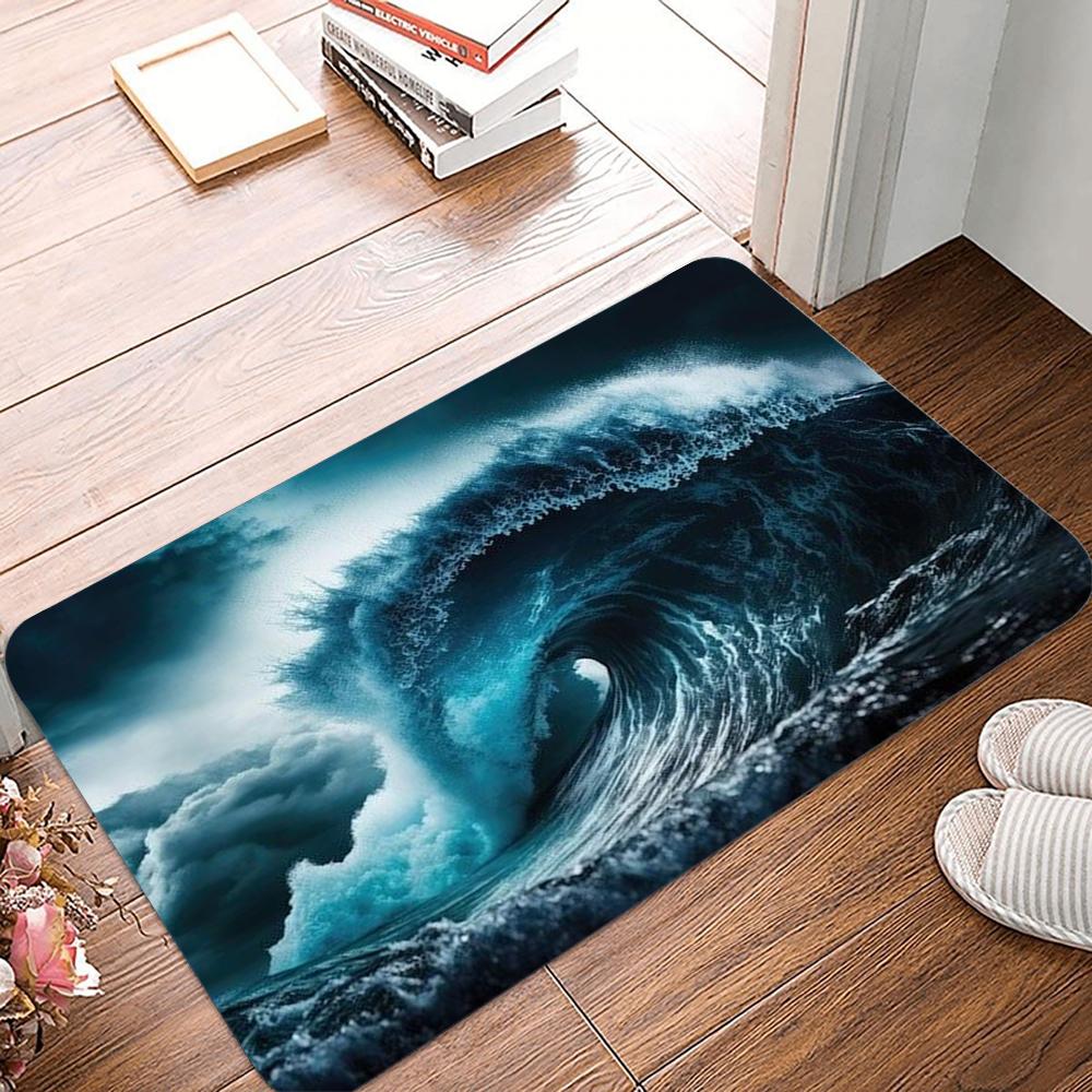 Ocean Storm Wave Rug Thickened Anti-Slip Base Entrance Hallway Anti-Slip Mat Water-Absorbent, Stain-Resistant Doormat