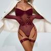 European and American Women’s Sexy Spaghetti Strap Lingerie Set, Erotic Sheer Mesh Underwire Push-Up Bodysuit with Leg Straps and Gloves