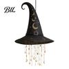 Patio Hanging Ornament Light Up Witch Hat Lamp, Glowing Halloween with Twinkling Whimsical Decorations Stars Moon, Indoor Outdoor Porch Window Decor,