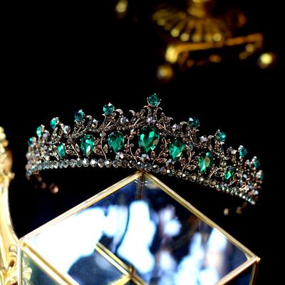 Barock Vintage Schwarz Grün Kristall Braut Diademe Kronen Pageant Diadem Strass Schleier Tiara Stirnbänder Hochzeit Haar Zubehör