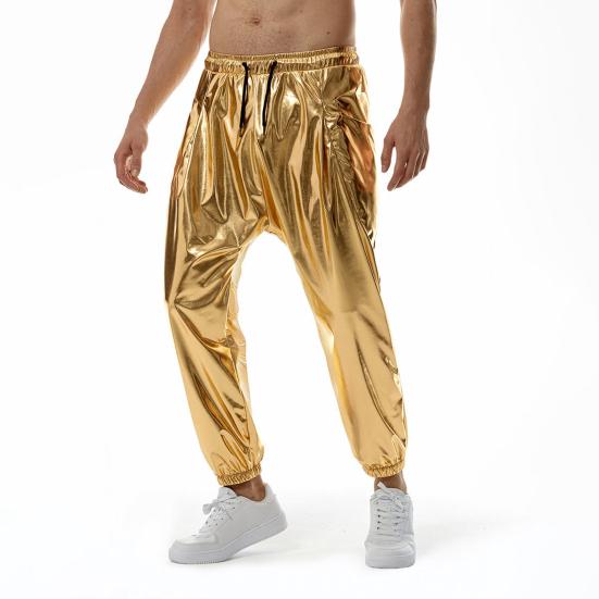 Vīriešu spīdīgas bikses ar aukliņu jostasvietā, metāliskas naktskluba ballīšu bikses deju skatuves hiphopa priekšnesumiem