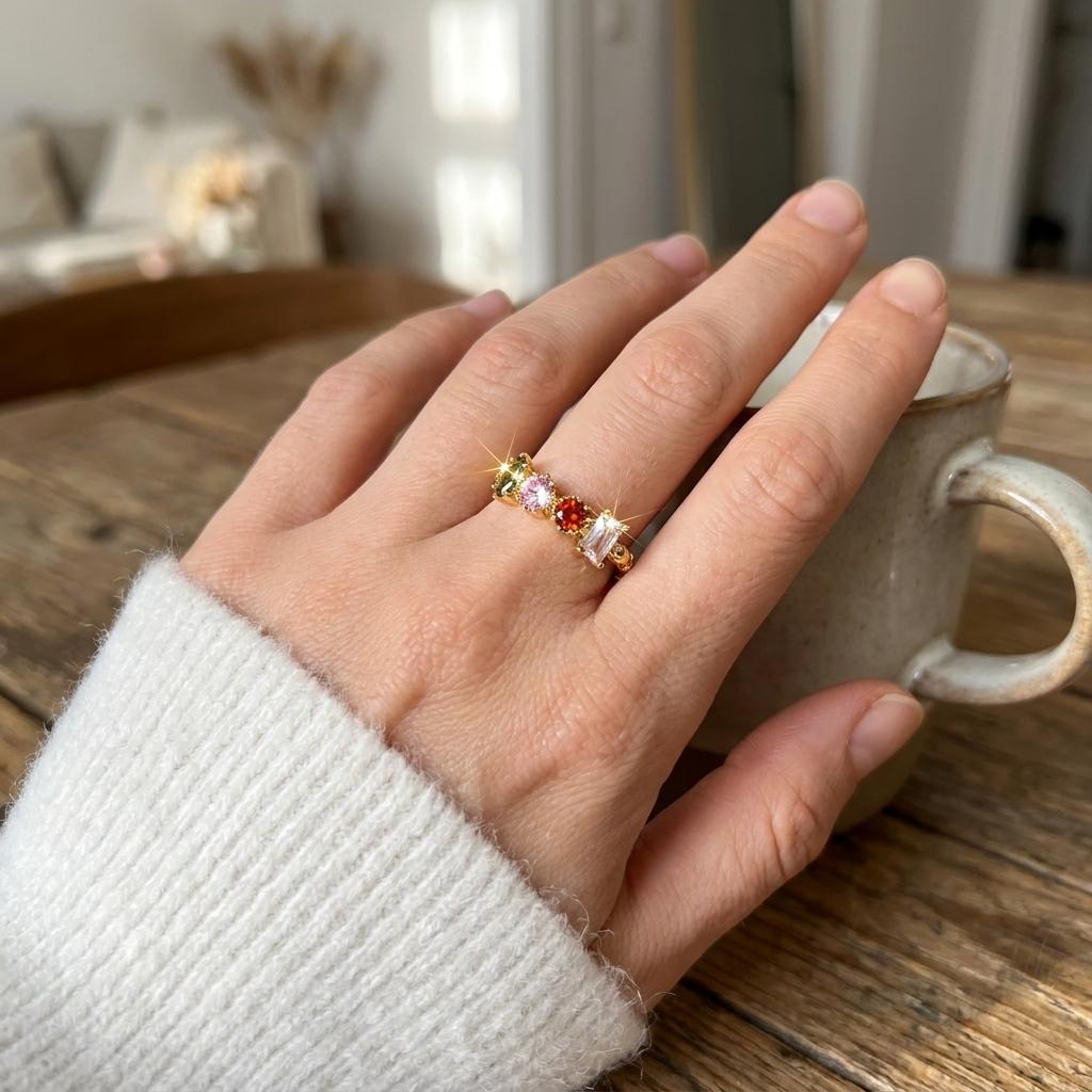Minimalist Geometric Multicolor Cubic Zirconia Copper Ring for Women Modern Rainbow Stackable Statement Finger Jewelry