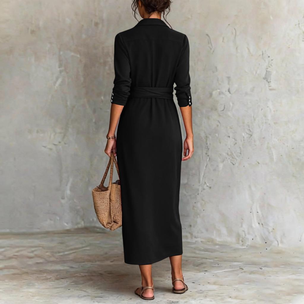 Women's Long-sleeved Elegant Casual Tie-waist Button-down Shirt Dress