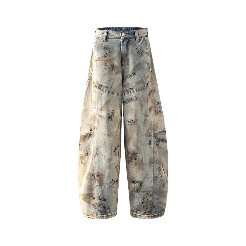 American Retro Design Sense Yellow Mud Dyed Washed Wide-leg Jeans Men's and Women's Summer Design Sense Old Scimitar Pants
