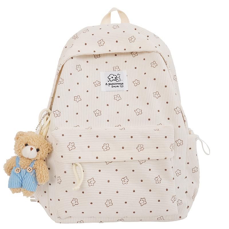 Schoolbag New Casual Double Backpack Corduroy Printed Backpack Middle School School Bag Bear Doll Pendant Backpack
