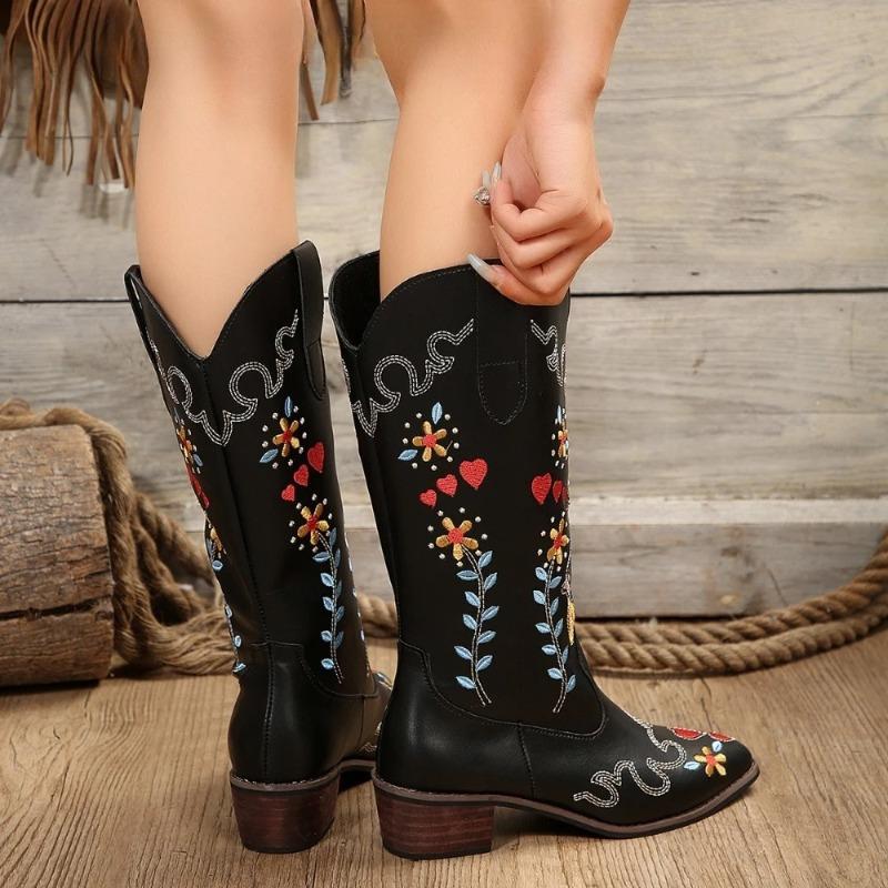2025 European American Fashion Autumn Winter New Women's Mid Heel Leather Boots Pointed Toe Embroidered Western Boots