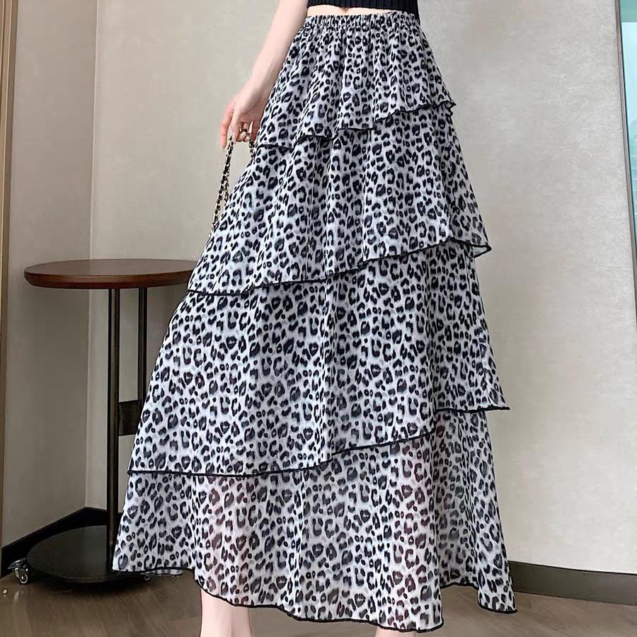 

Qooth Leopard Print Tiered Cake Skirt Asymmetric Ruffle Hem with Elastic Waist QT2880 One Size серый