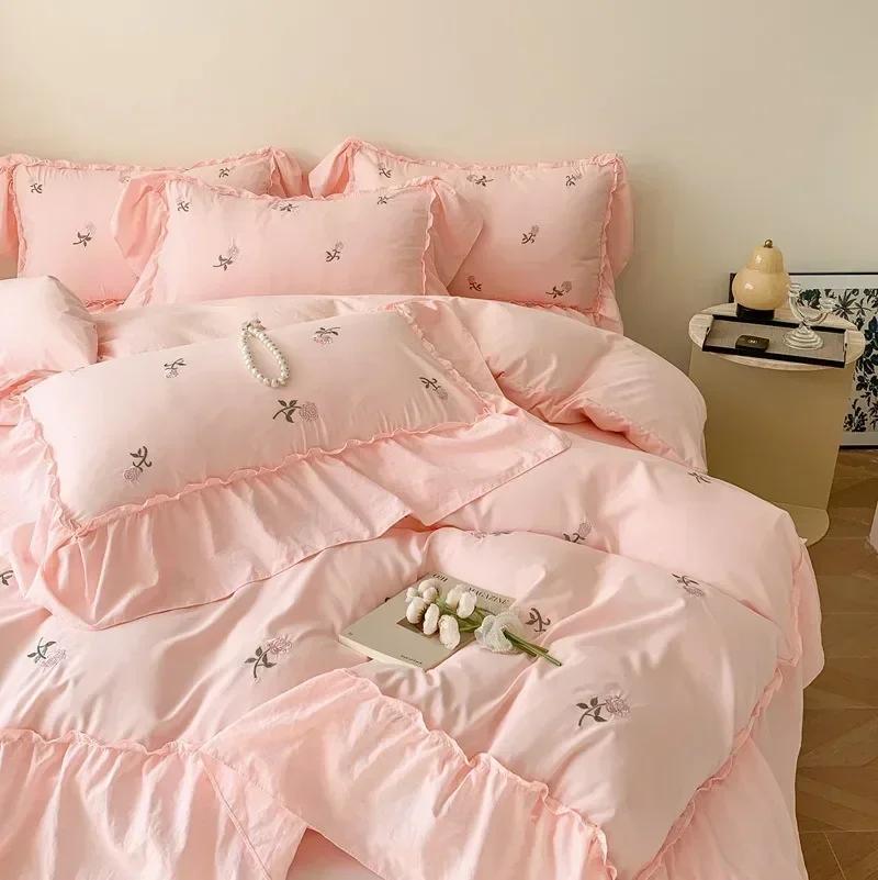 

3/4PCS Rose Embroidered Duvet Cover Set (1*Duvet Cover + 2*Pillowcase, Without Core), Princess Style Lace Bedding Sheet Sets 3PCS-1.2M розовый