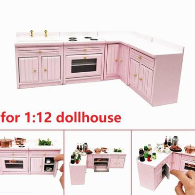 1:12 Dollhouse Miniature Furniture Kitchen Wooden Pink Cabinet Sink Counters Dollhouse Decoration