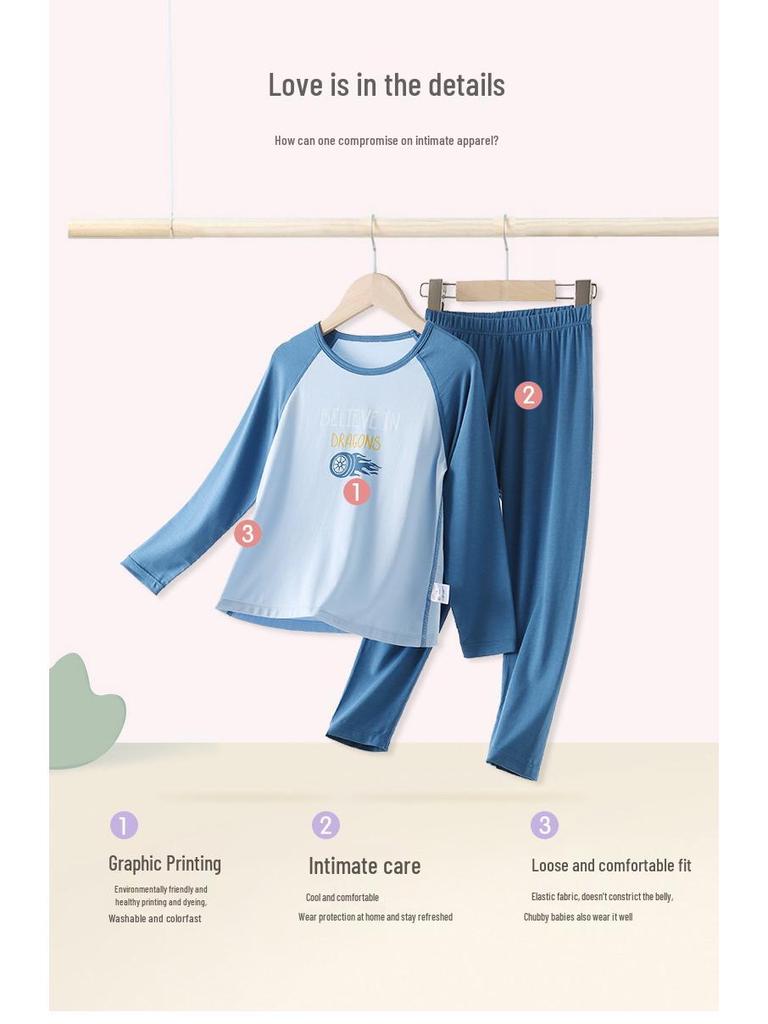 Wiosenno-letni bawełniany zestaw piżamy dla dziewczynek klasy A: Uroczy, Domowy Strój z Okrągłym Dekoltem dla Średniego Dziecka - Jesienne Spodnie w Zestawie