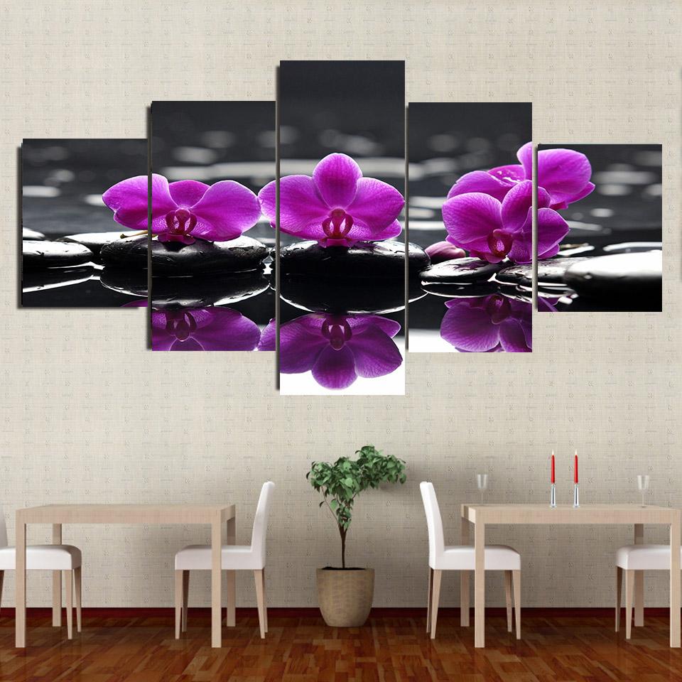 5 panelů Zen Stones Purple Butterfly Orchid Malba na plátně Plakáty a obrazy Nástěnné obrazy Obývací pokoj Home Decor Bez rámu